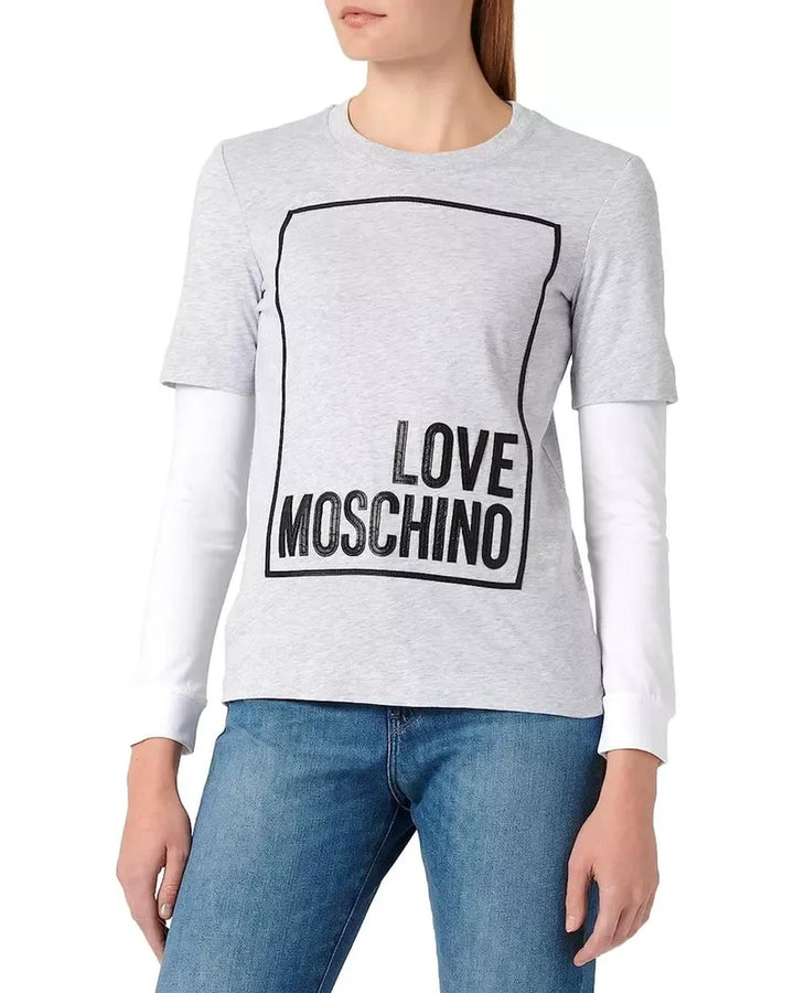 Grey Melange Long-Sleeved Cotton T-Shirt with Eco-Leather Logo S Women