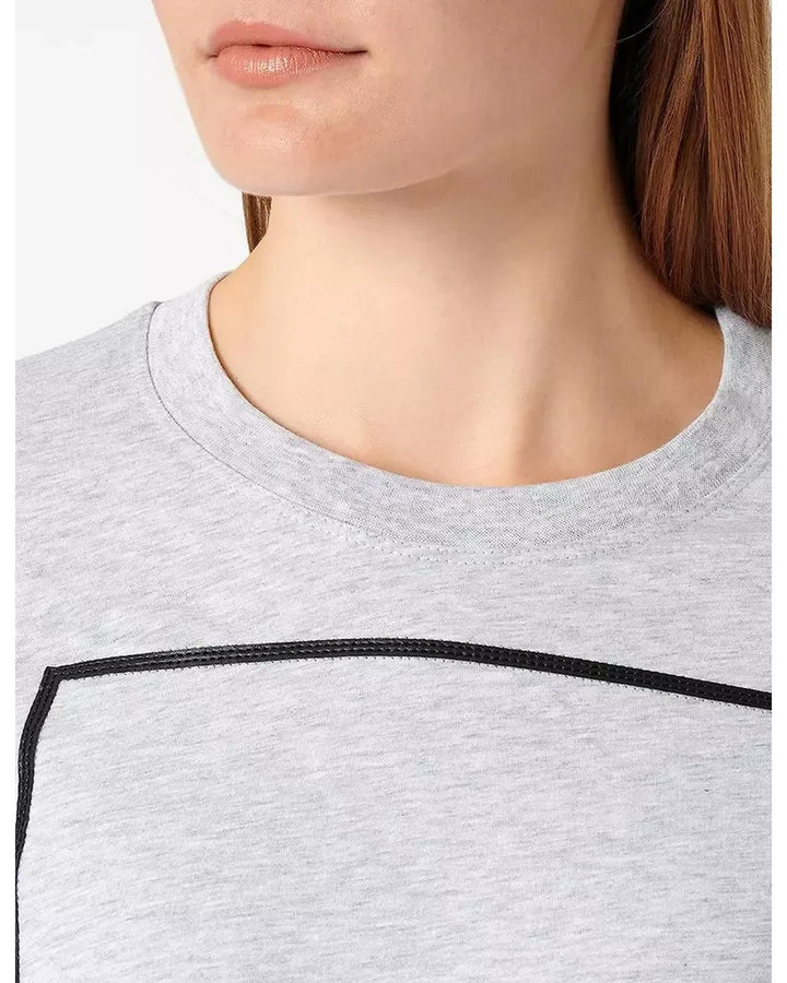 Grey Melange Long-Sleeved Cotton T-Shirt with Eco-Leather Logo S Women