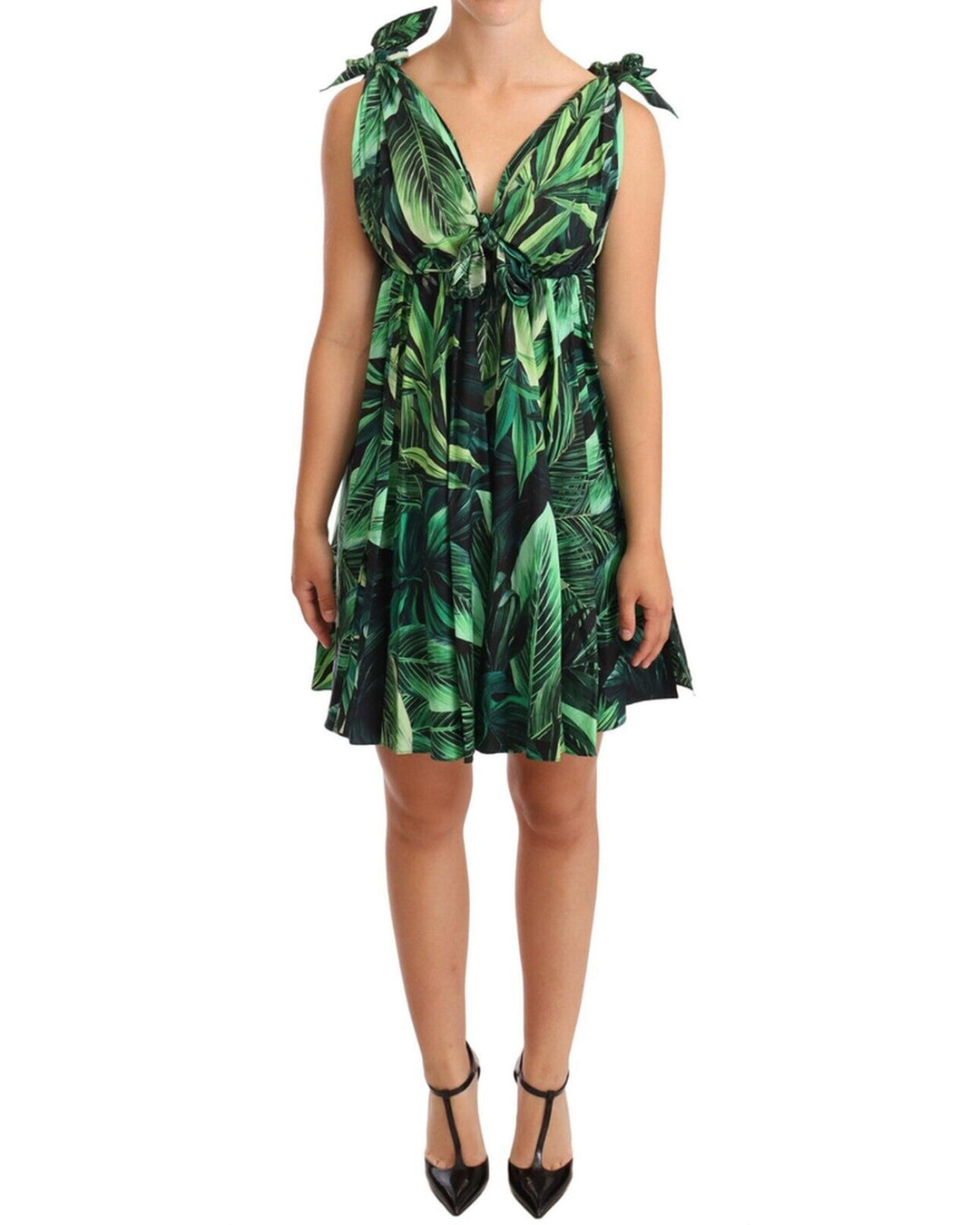 Flared Mini A-line Dress with Philodendron Leaf Print 38 IT Women