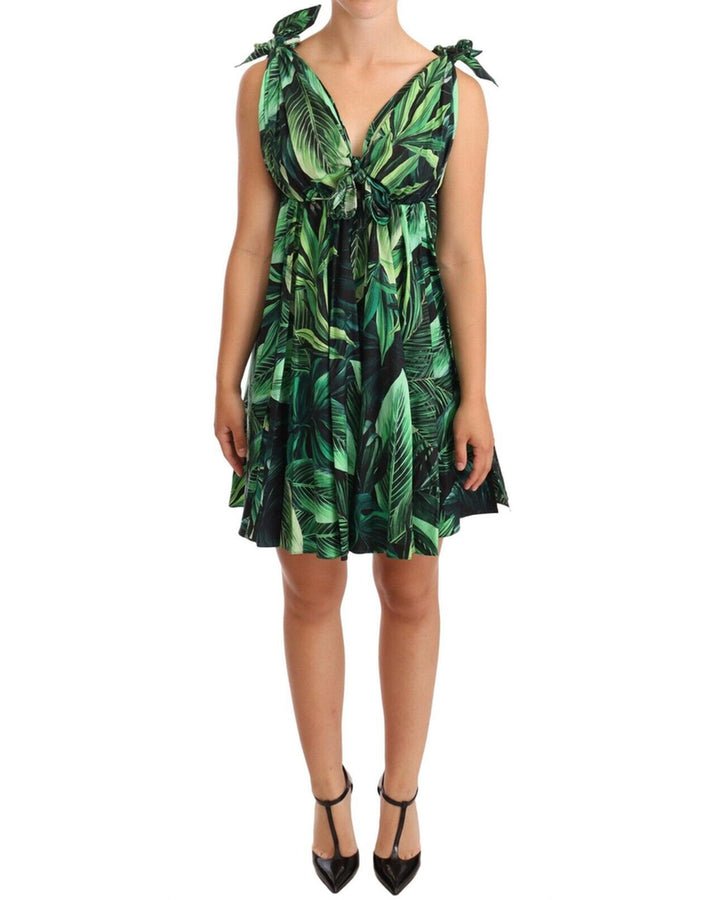 Flared Mini A-line Dress with Philodendron Leaf Print 40 IT Women