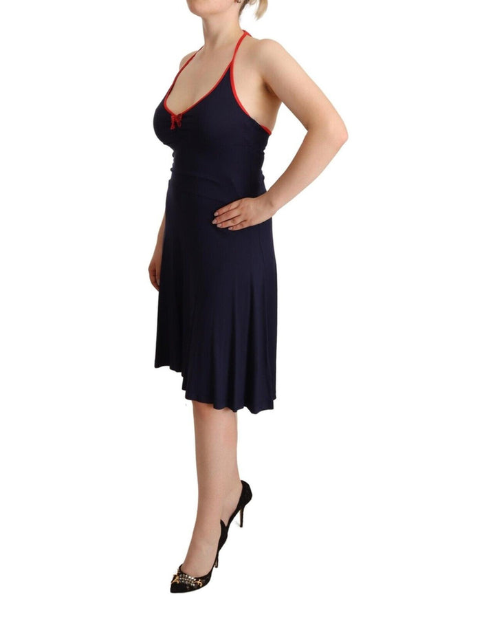 Navy Blue Cotton Halter String Closure Midi Dress 44 IT Women