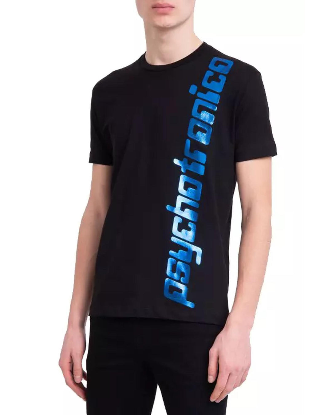 Black Cotton T-Shirt with Blue Vertical Print M Men