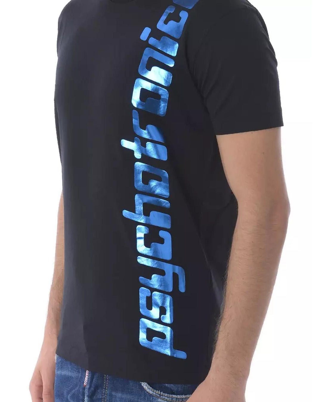 Black Cotton T-Shirt with Blue Vertical Print M Men