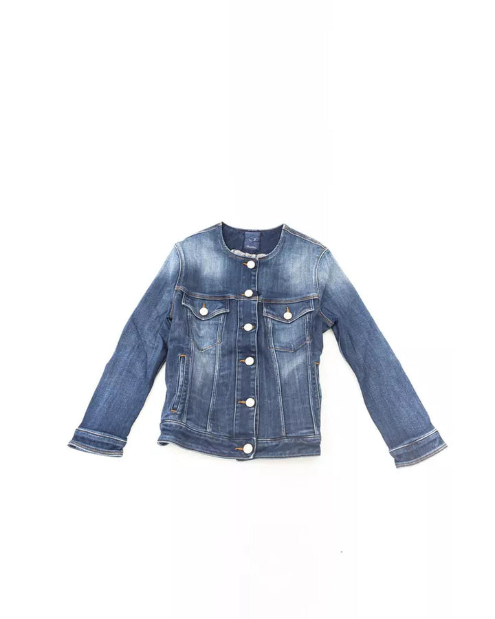 Round Neckline Denim Jacket with Metal Buttons and Contrast Stitching M Women