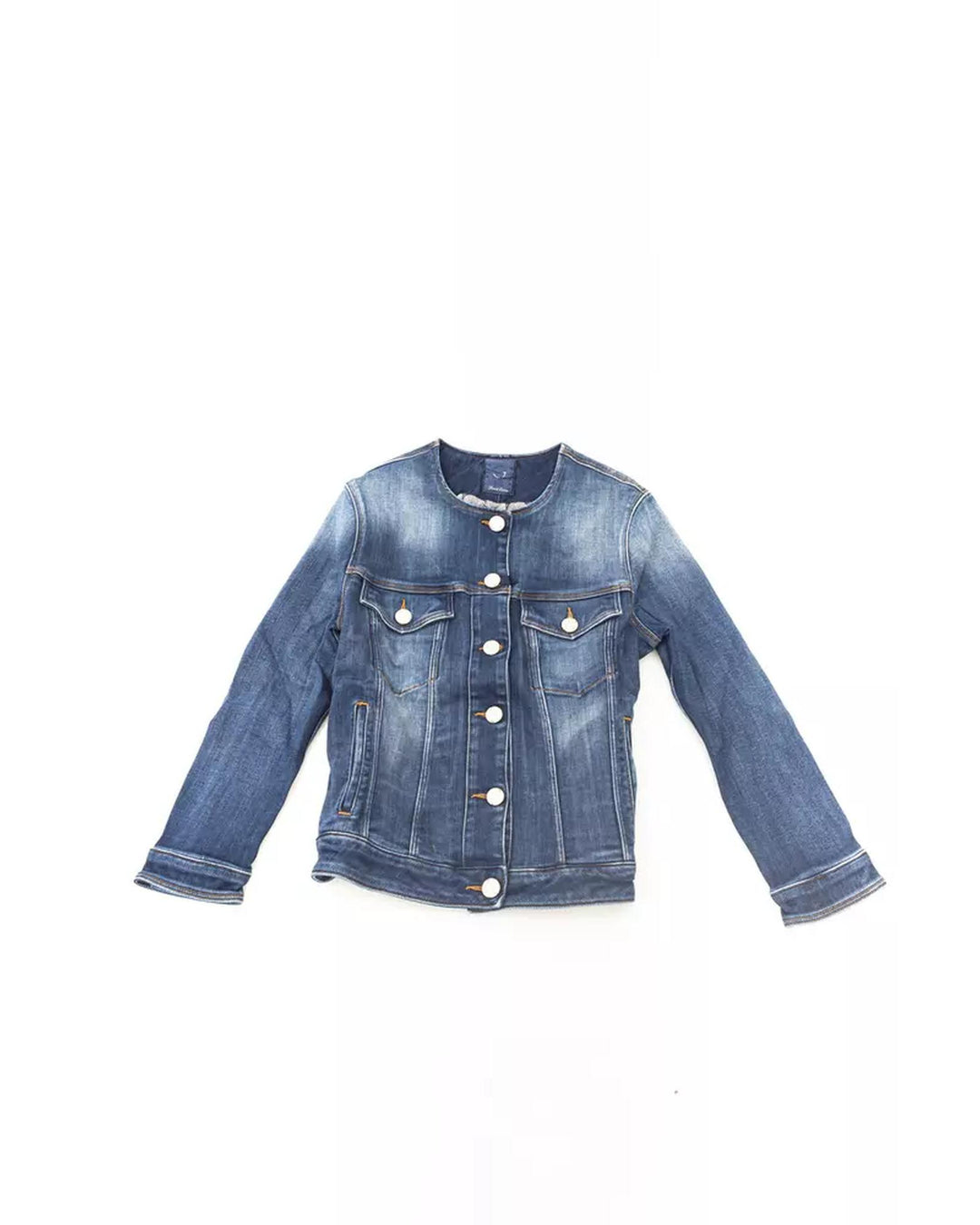 Round Neckline Denim Jacket with Metal Buttons and Contrast Stitching S Women