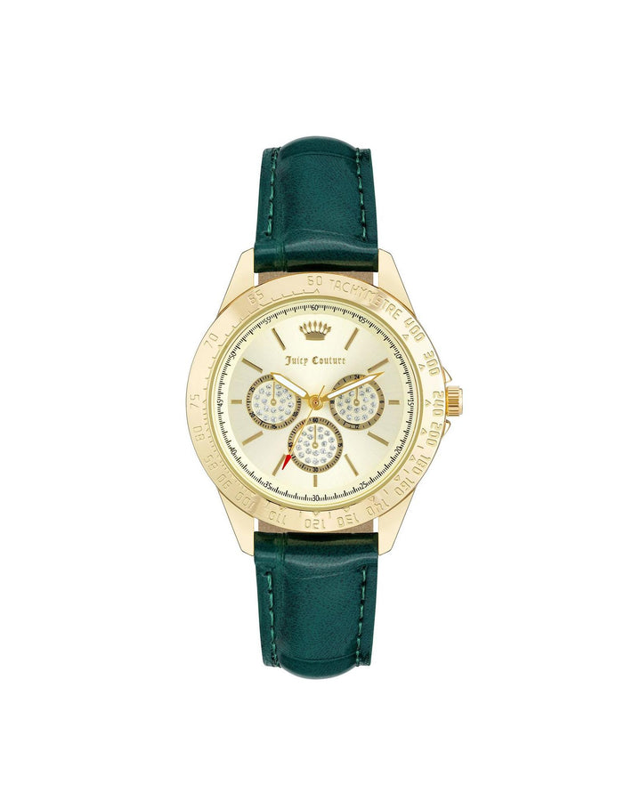 Gold Fashion Analog Watch with Rhine Stone Facing and Green Leatherette Strap One Size Women