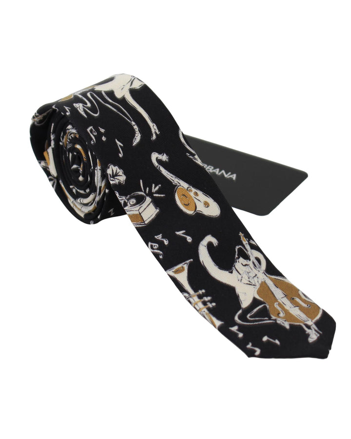 Authentic Dolce & Gabbana Silk Neck Tie - Black Gold Music Instrument Print One Size Men