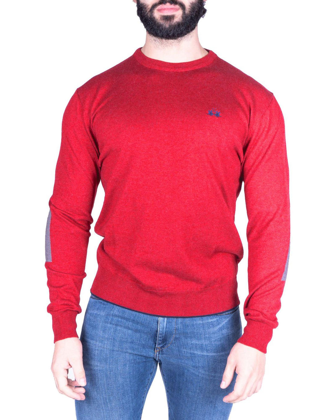 Cotton Crew Neck Sweater with Logo Embroidery and Colored Patch M Men