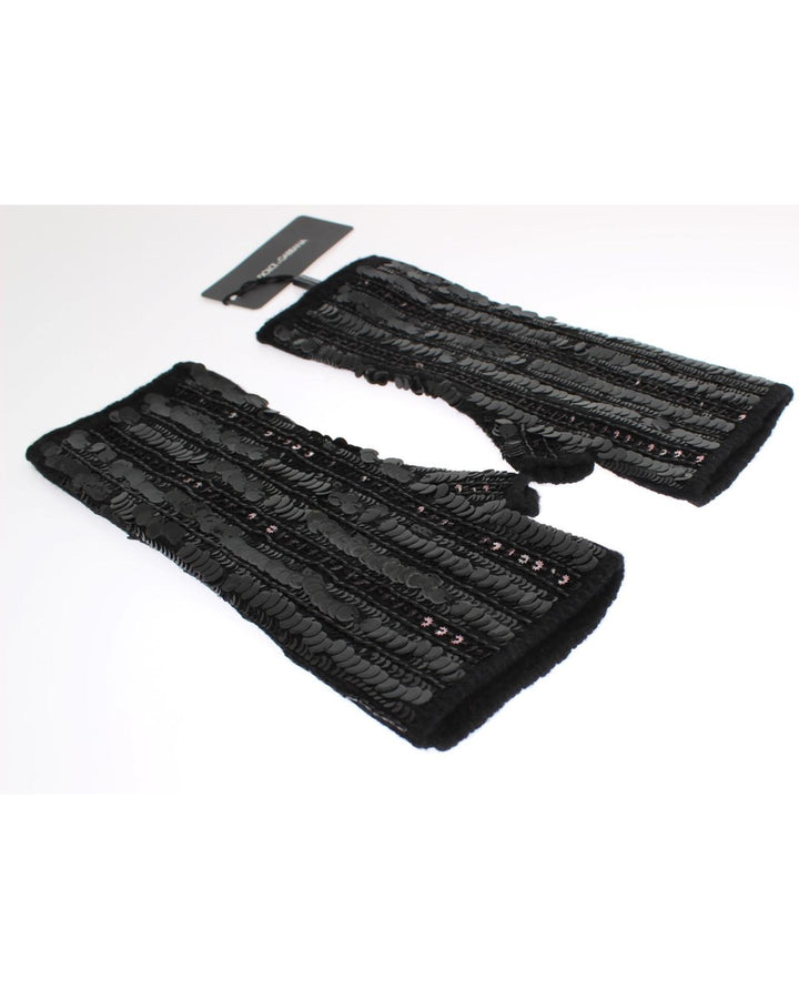 Black Knitted Cashmere Sequined Embedded Gloves S Women