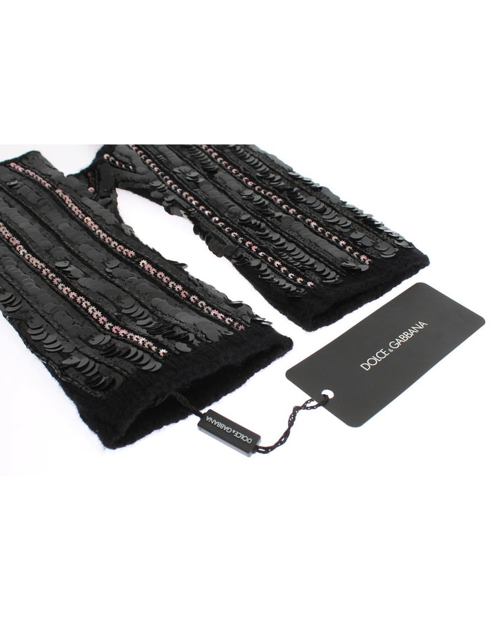 Black Knitted Cashmere Sequined Embedded Gloves S Women