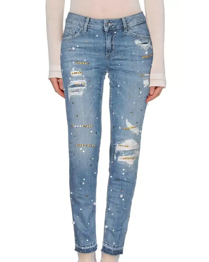 Denim Jeans with Beaded Front and Worn Effect W28 US Women