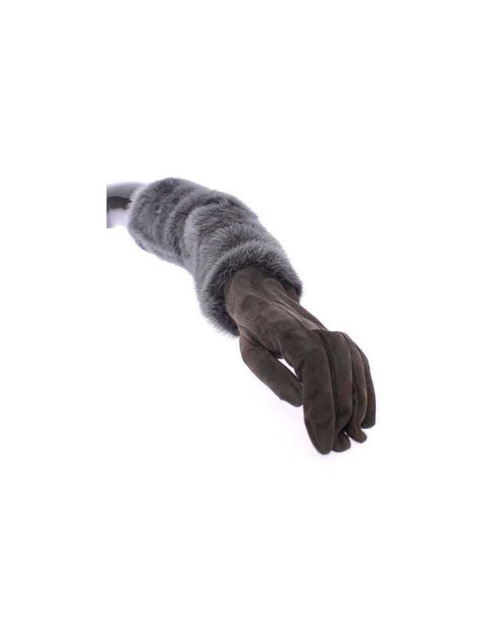 Gray Mink Fur and Lamb Leather Suede Elbow Gloves 7.5 Women