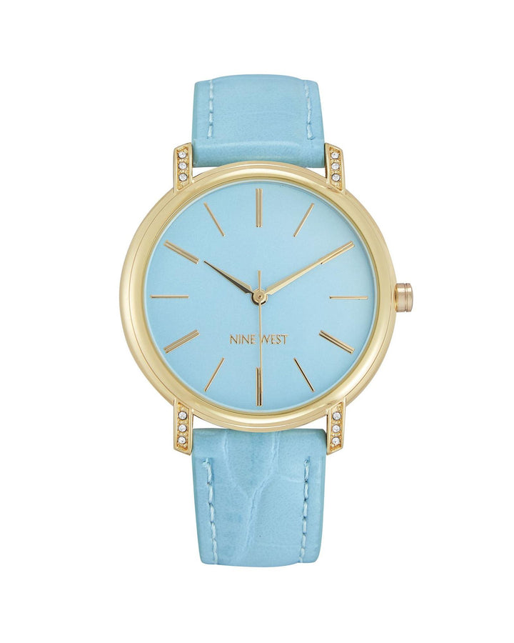 Gold Rhinestone Fashion Watch with Blue Leatherette Strap One Size Women