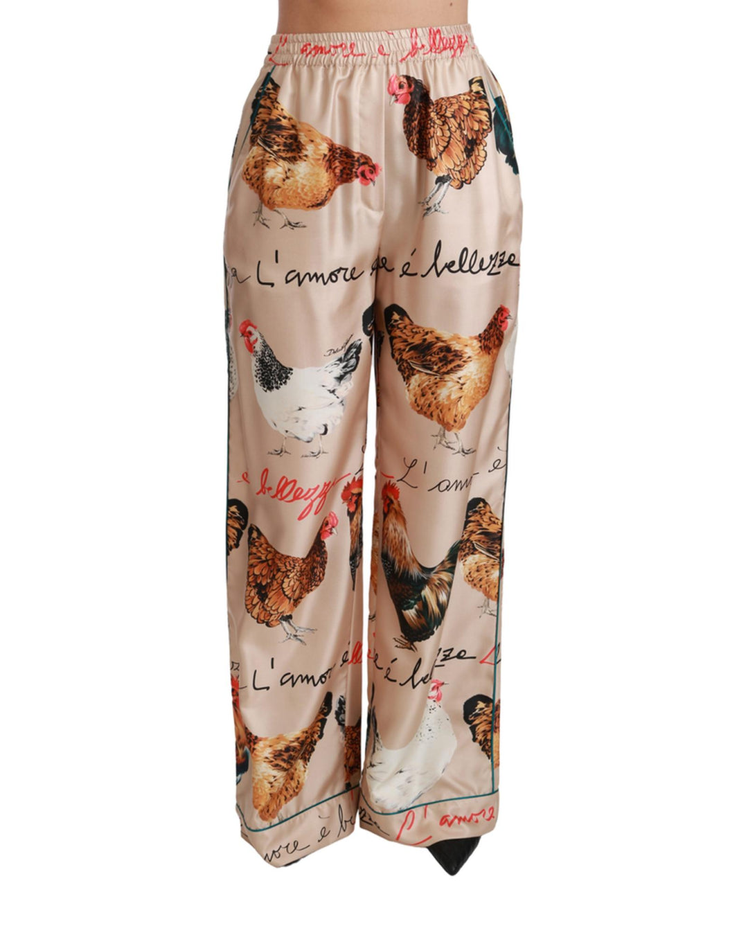 Gorgeous Dolce & Gabbana Silk Pants with Hen Chicken Print 42 IT Women