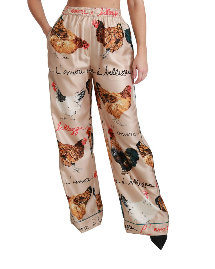 Gorgeous Dolce & Gabbana Silk Pants with Hen Chicken Print 42 IT Women