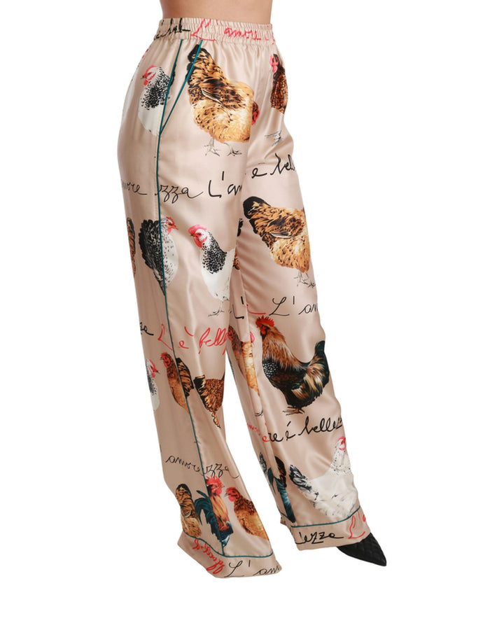 Gorgeous Dolce & Gabbana Silk Pants with Hen Chicken Print 42 IT Women