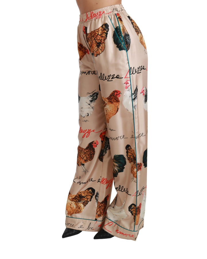 Gorgeous Dolce & Gabbana Silk Pants with Hen Chicken Print 42 IT Women