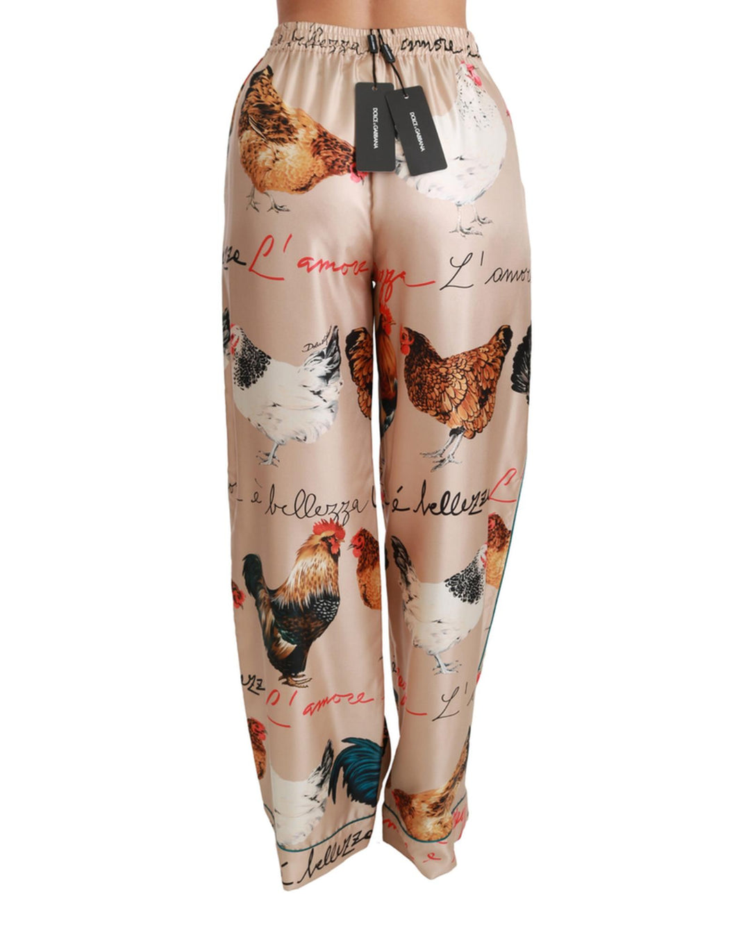 Gorgeous Dolce & Gabbana Silk Pants with Hen Chicken Print 42 IT Women