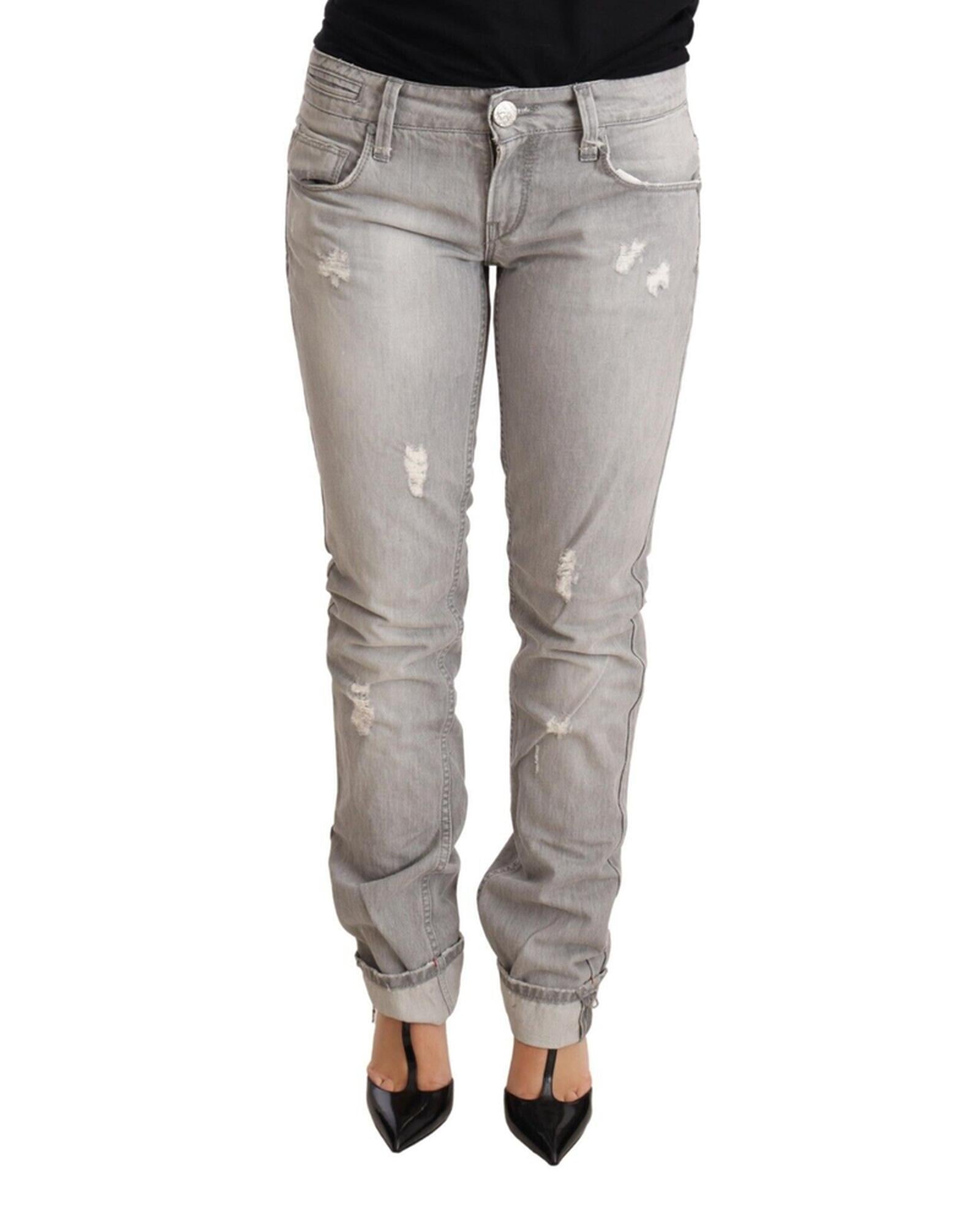 Tattered Skinny Cut Jeans with Logo Details W26 US Women