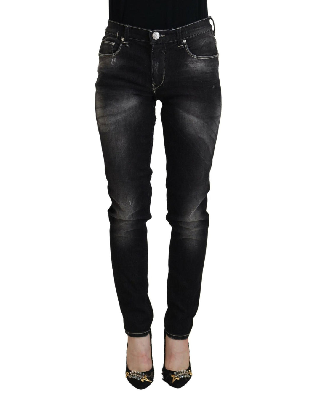 Tapered Mid Waist Black Washed Denim Jeans with Logo Details W26 US Women