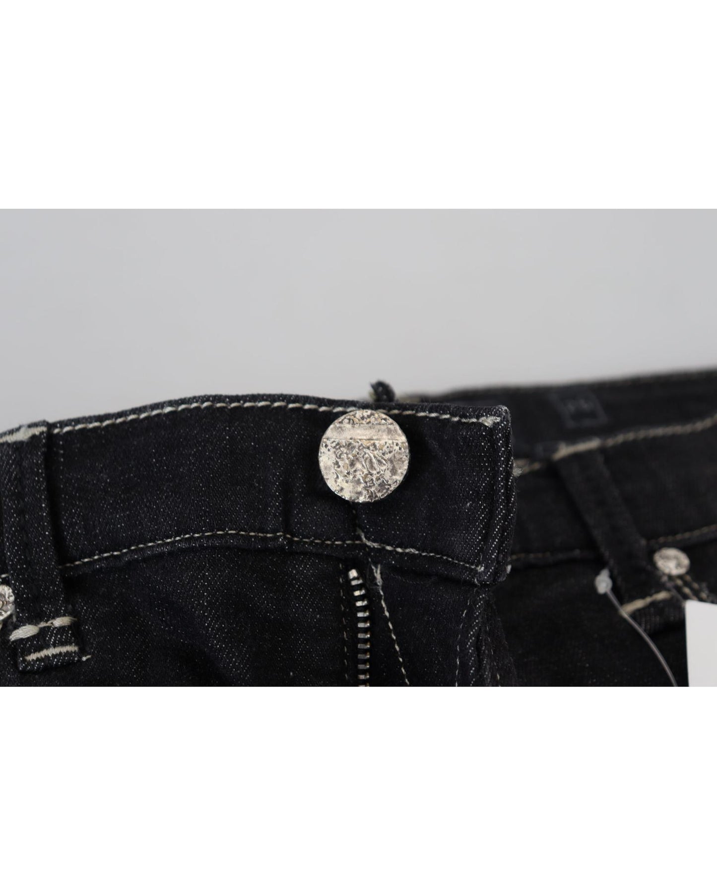 Tapered Mid Waist Black Washed Denim Jeans with Logo Details W26 US Women