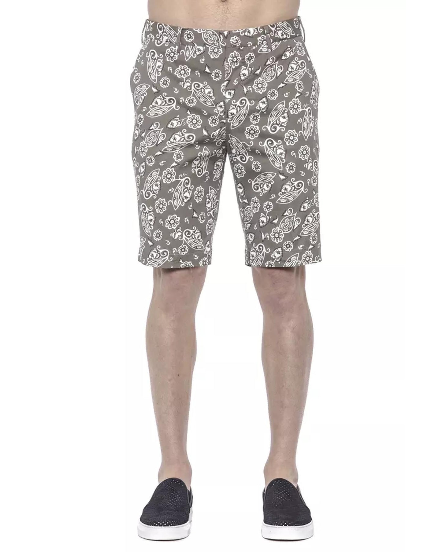 Patterned Fabric Bermuda Shorts with Hook and Zip Closure W48 US Men