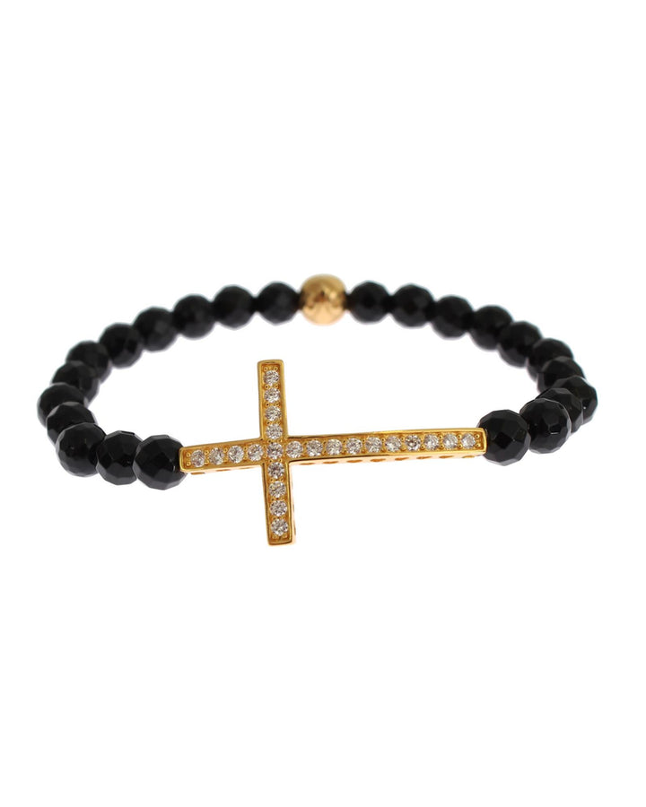 NIALAYA Gold Plated Sterling Silver Bracelet with Agate Stone and CZ Diamond Cross M Women