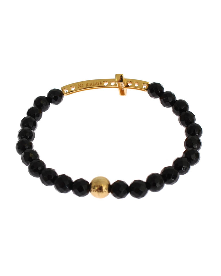 NIALAYA Gold Plated Sterling Silver Bracelet with Agate Stone and CZ Diamond Cross M Women