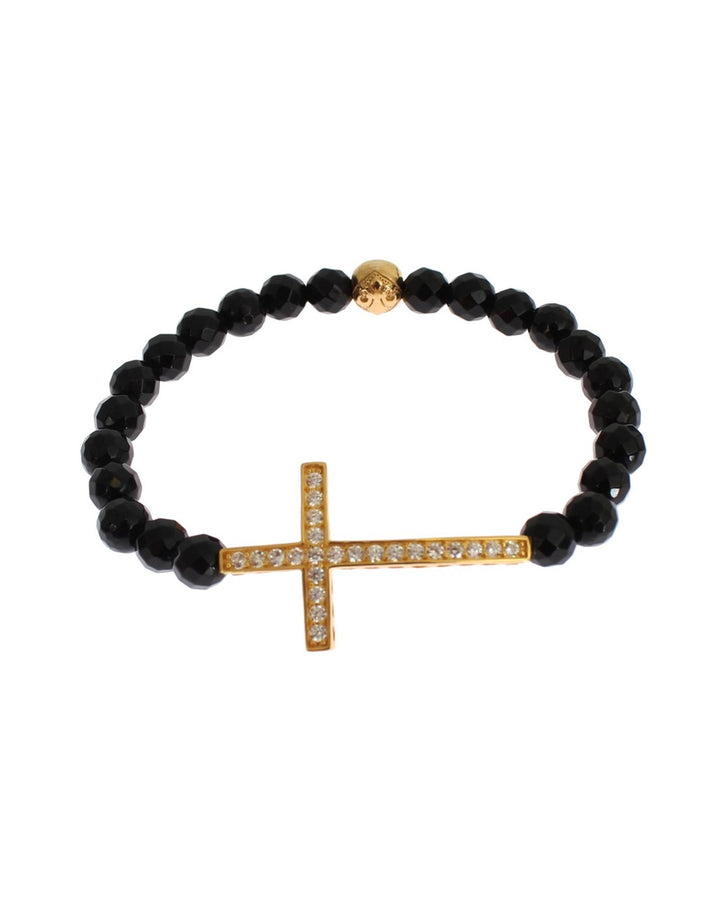 NIALAYA Gold Plated Sterling Silver Bracelet with Agate Stone and CZ Diamond Cross S Women