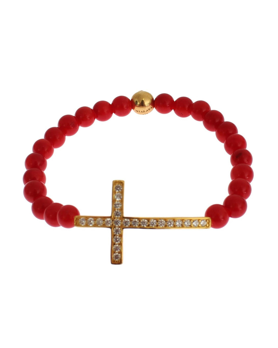 Authentic NIALAYA Gold Plated Silver Bracelet with Red Coral Beads and CZ Diamond Cross M Women