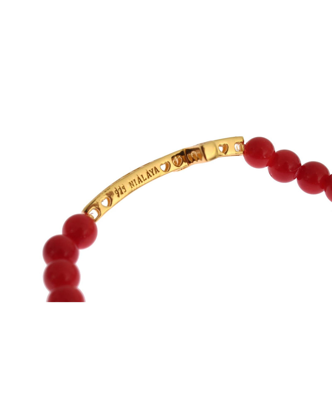 Authentic NIALAYA Gold Plated Silver Bracelet with Red Coral Beads and CZ Diamond Cross M Women