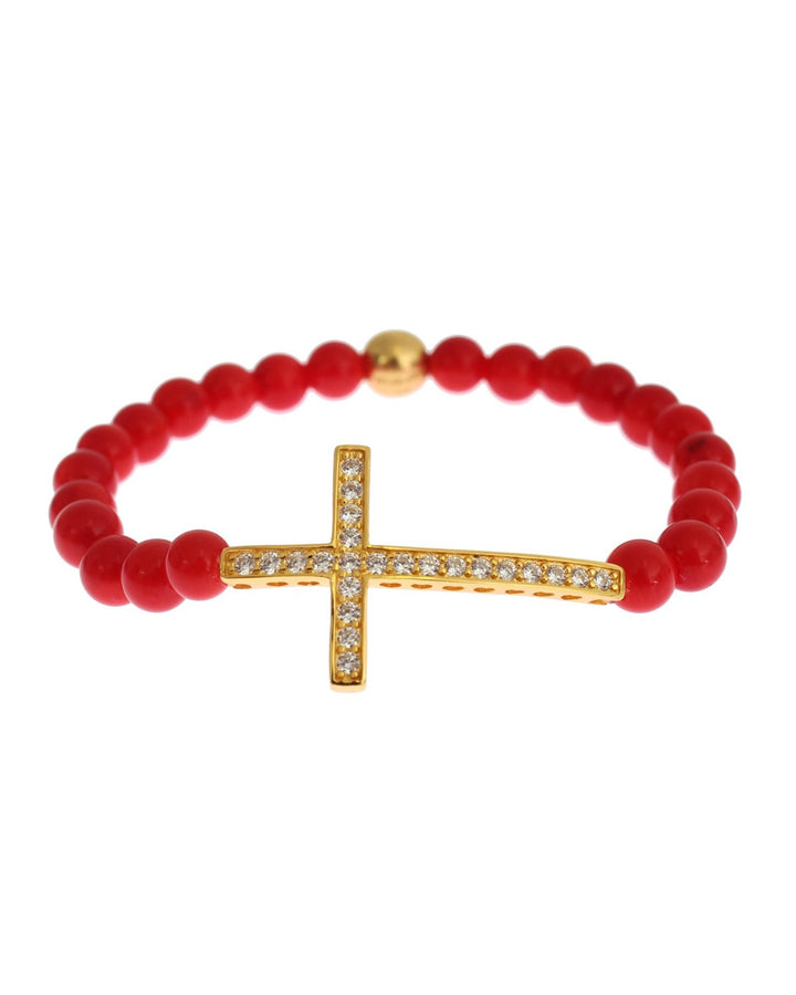 Authentic NIALAYA Gold Plated Silver Bracelet with Red Coral Beads and CZ Diamond Cross XS Women