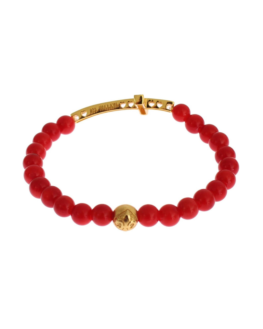 Authentic NIALAYA Gold Plated Silver Bracelet with Red Coral Beads and CZ Diamond Cross XS Women