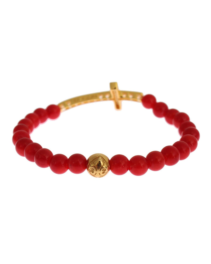 Authentic NIALAYA Gold Plated Silver Bracelet with Red Coral Beads and CZ Diamond Cross XS Women