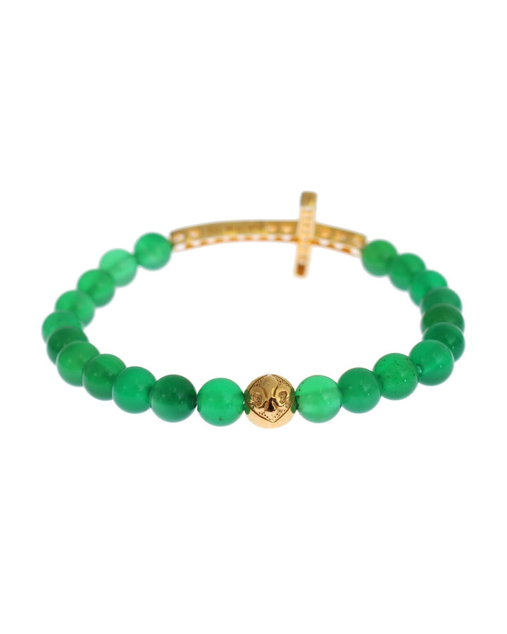 NIALAYA Green Jade Bead Bracelet with CZ Diamond Cross M Women