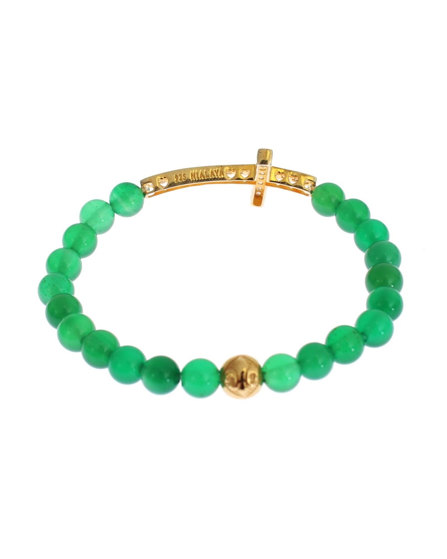 NIALAYA Green Jade Bead Bracelet with CZ Diamond Cross S Women