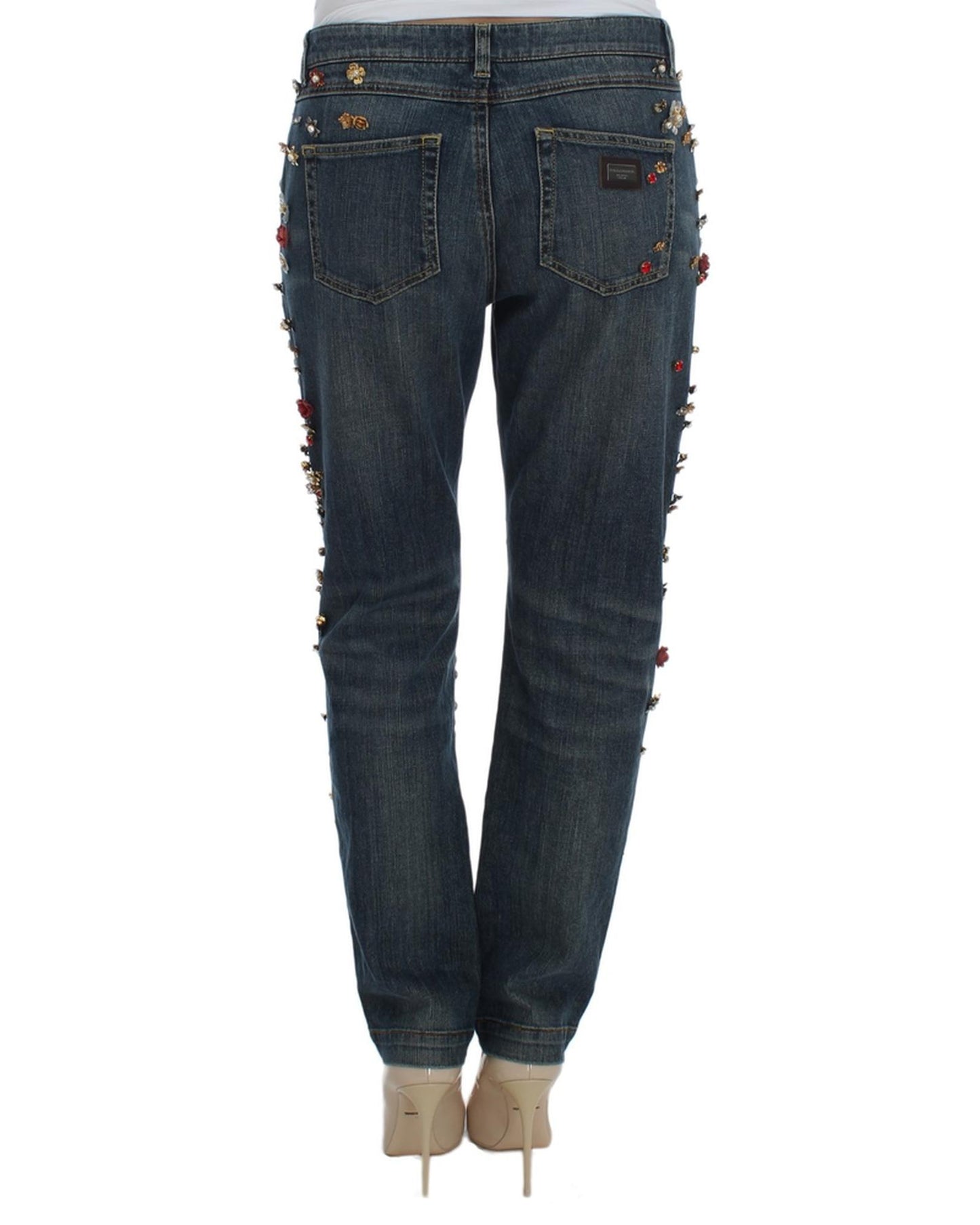 Blue Wash Crystal Heart Roses Embellished Enchanted Sicily Boyfriend Jeans 38 IT Women