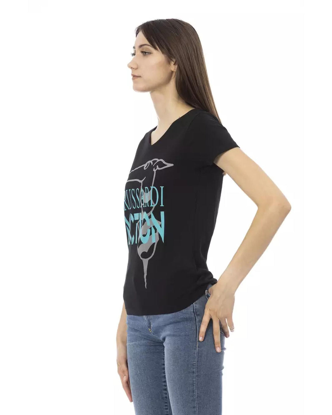 Short Sleeve T-shirt with V-neck and Front Print M Women