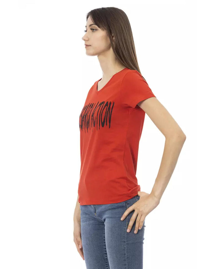 Short Sleeve T-shirt with V-neck and Front Print L Women