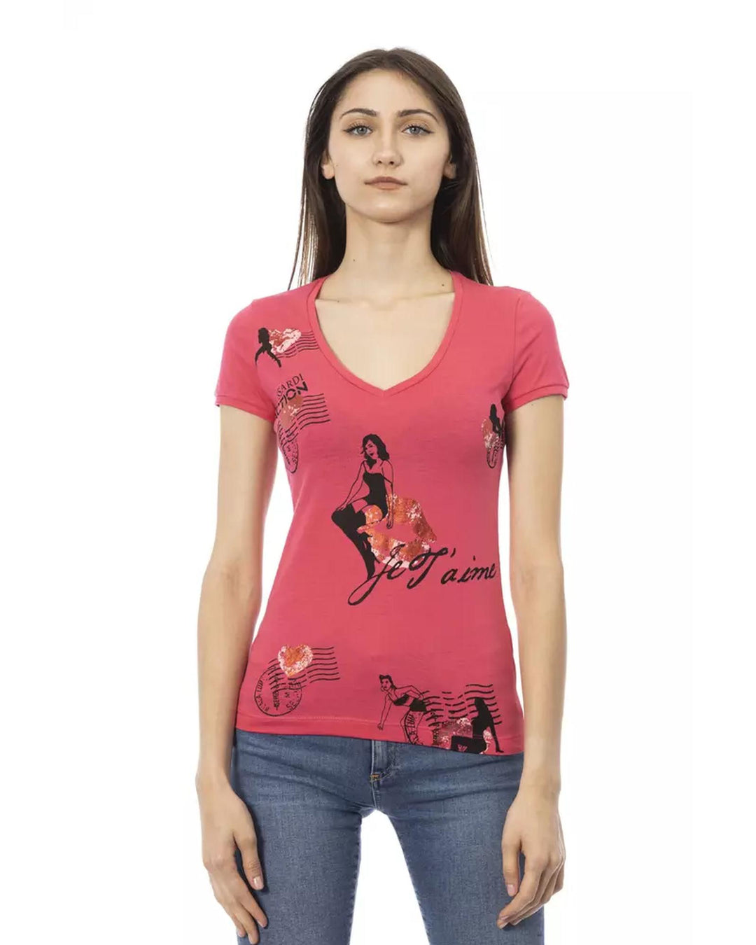 Short Sleeve T-shirt with V-neck and Front Print XL Women