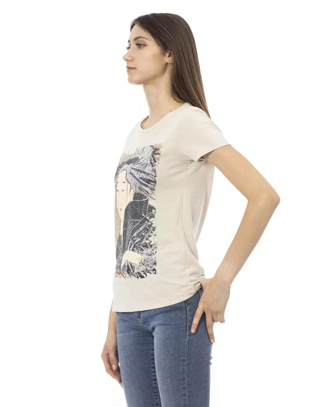 Round Neck Short Sleeve T-shirt with Front Print M Women