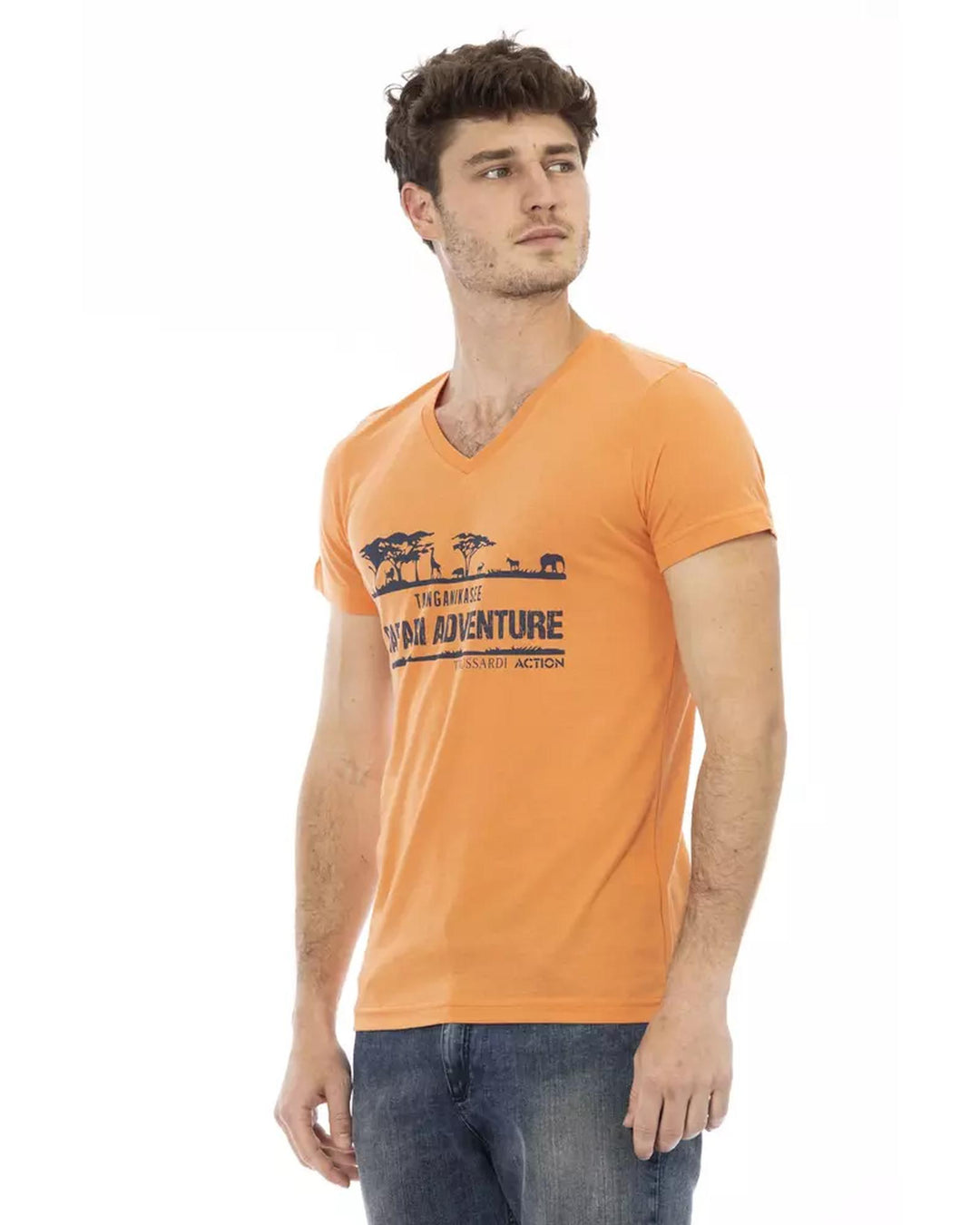 V-Neck Short Sleeve T-shirt with Front Print L Men