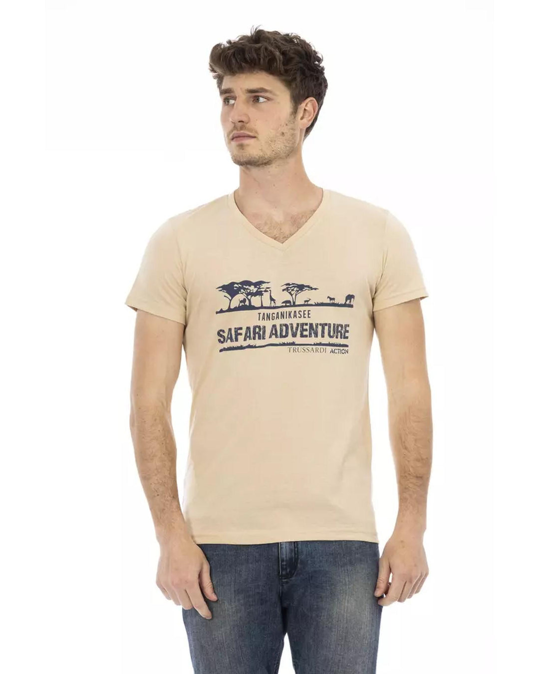 Short Sleeve T-shirt with V-neck and Front Print L Men