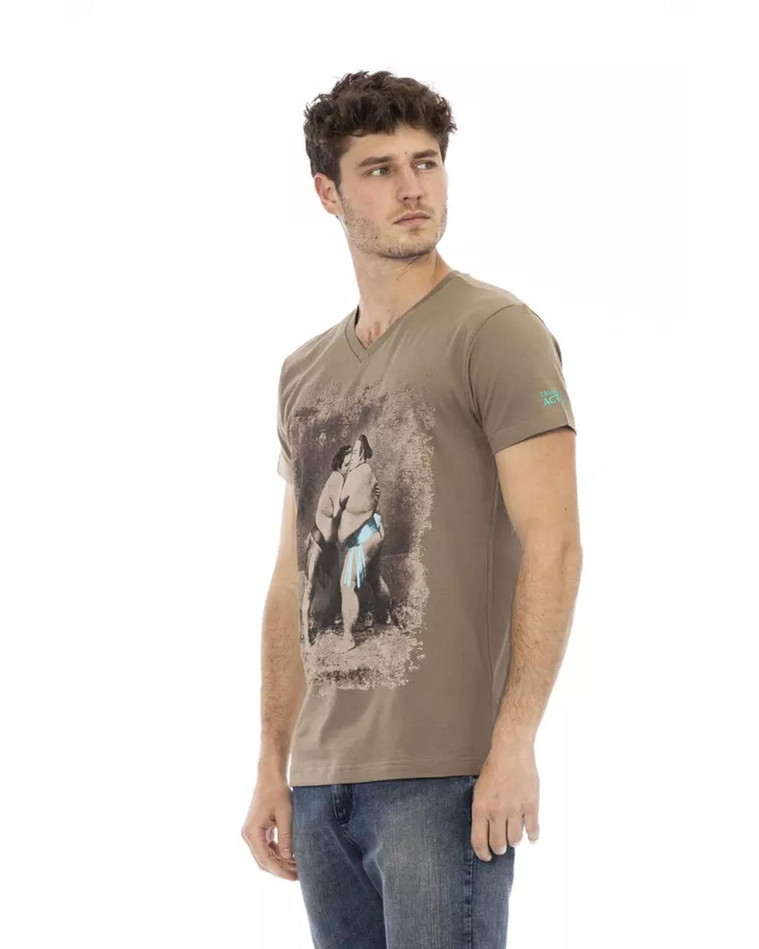 Short Sleeve V-Neck T-Shirt with Front Print 2XL Men