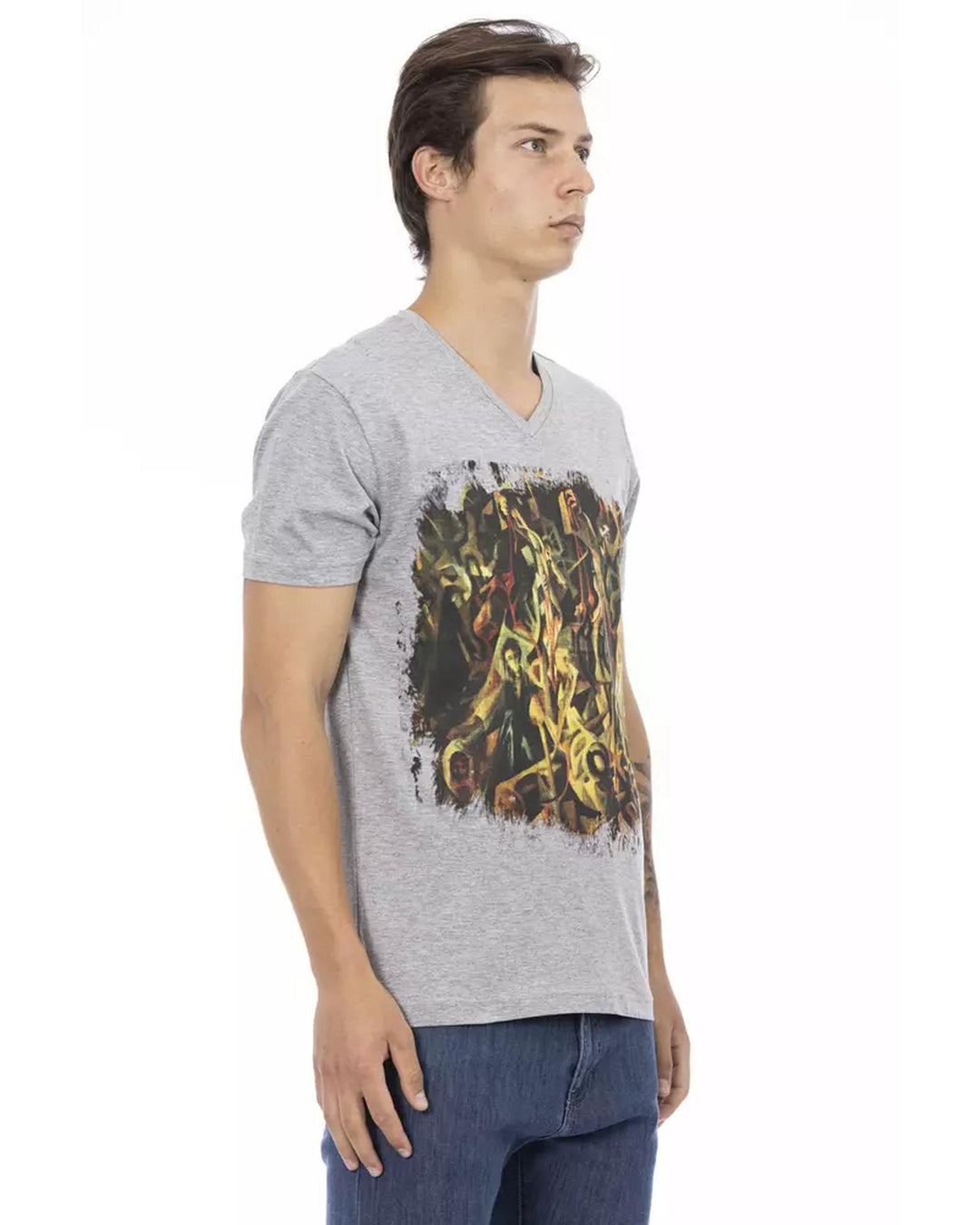 Short Sleeve V-Neck T-shirt with Front Print 2XL Men