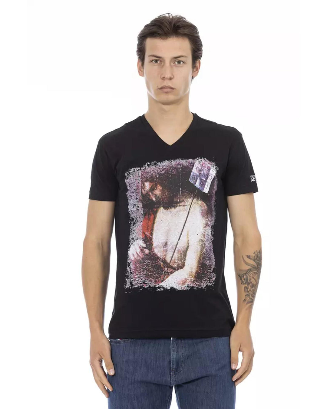 V-neck Short Sleeve T-shirt with Front Print S Men