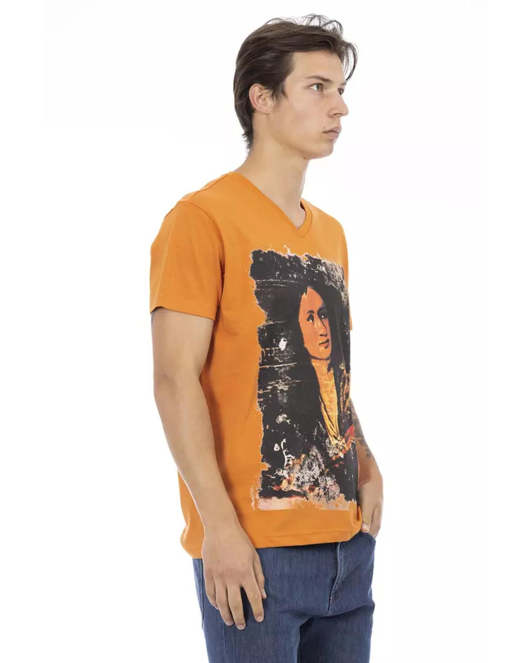 Short Sleeve V-Neck T-Shirt with Front Print 3XL Men