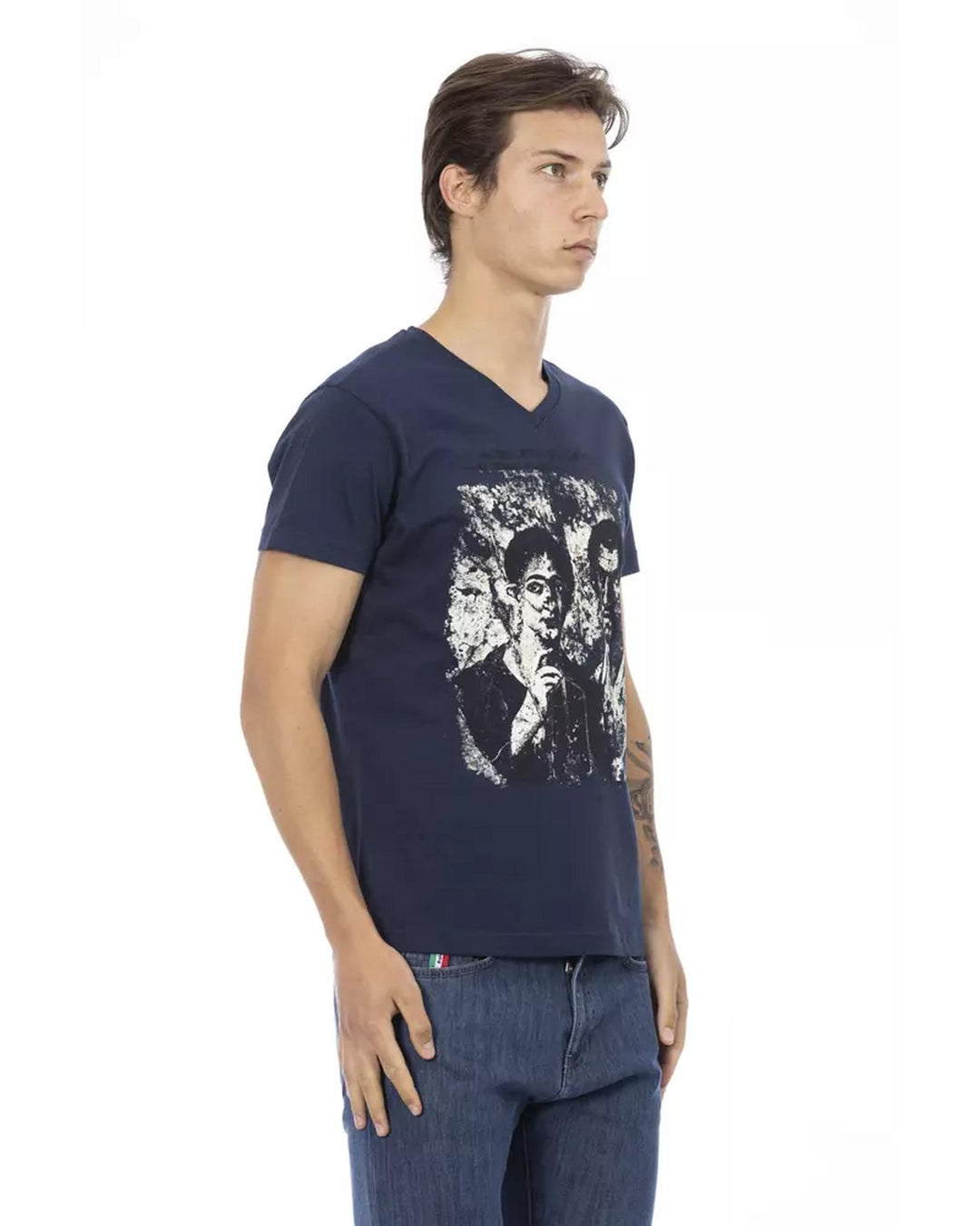 Short Sleeve T-shirt with V-neck and Front Print M Men