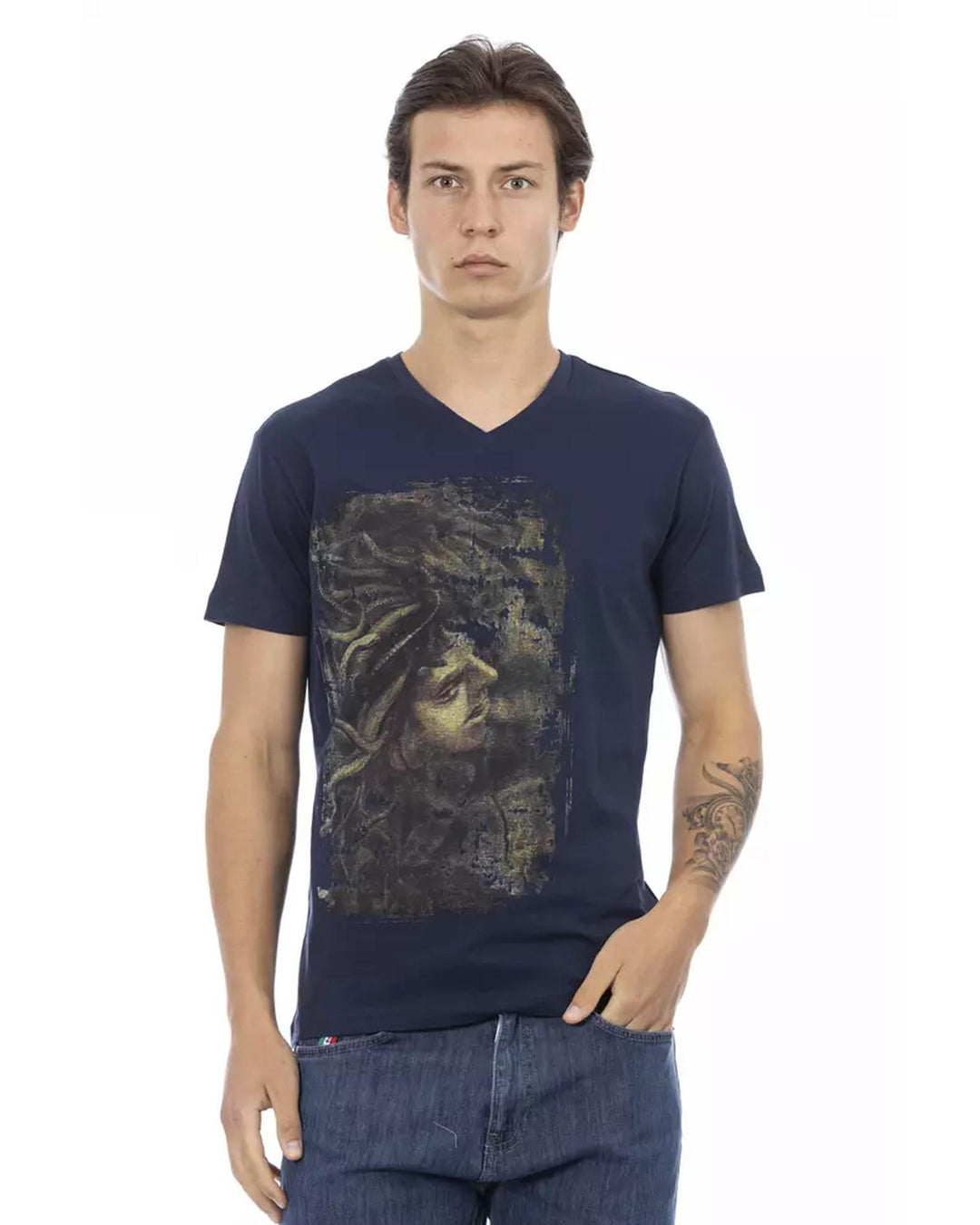 Short Sleeve T-shirt with V-neck and Front Print M Men