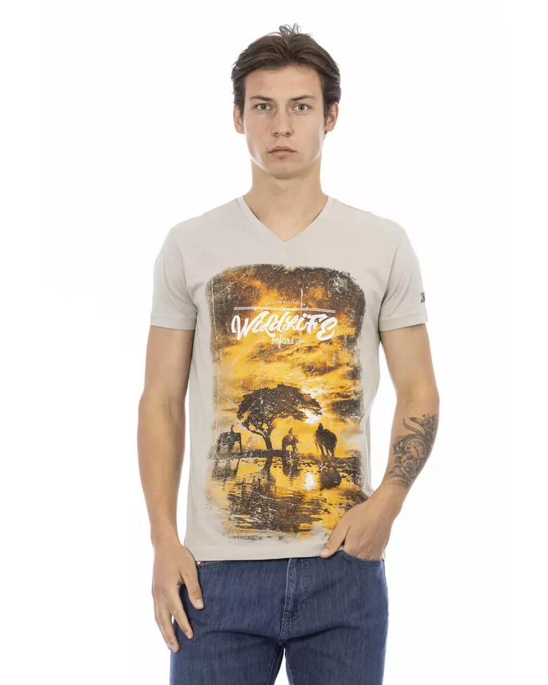 Short Sleeve V-neck T-shirt with Front Print 3XL Men